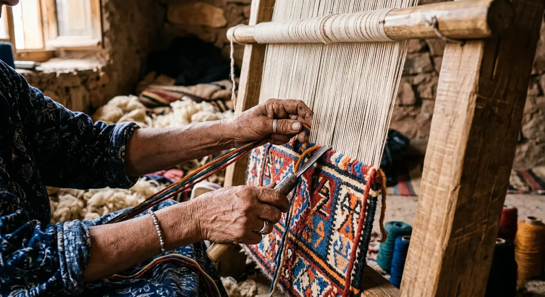 Artisan en train de tisser un tapis berbère en laine sur métier à tisser traditionnel, fabrication artisanale marocaine authentique pour décoration intérieure bohème maison berbère