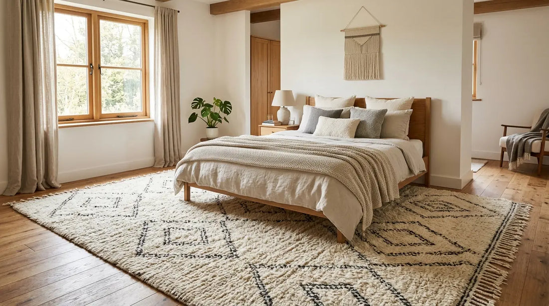 Chambre cosy avec tapis berbère beni ouarain en laine naturelle apportant chaleur et style minimaliste