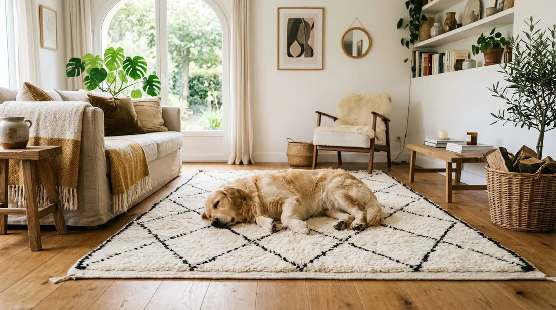 Chien allongé sur tapis berbère en laine naturelle dans un salon cosy et lumineux décoration chaleureuse