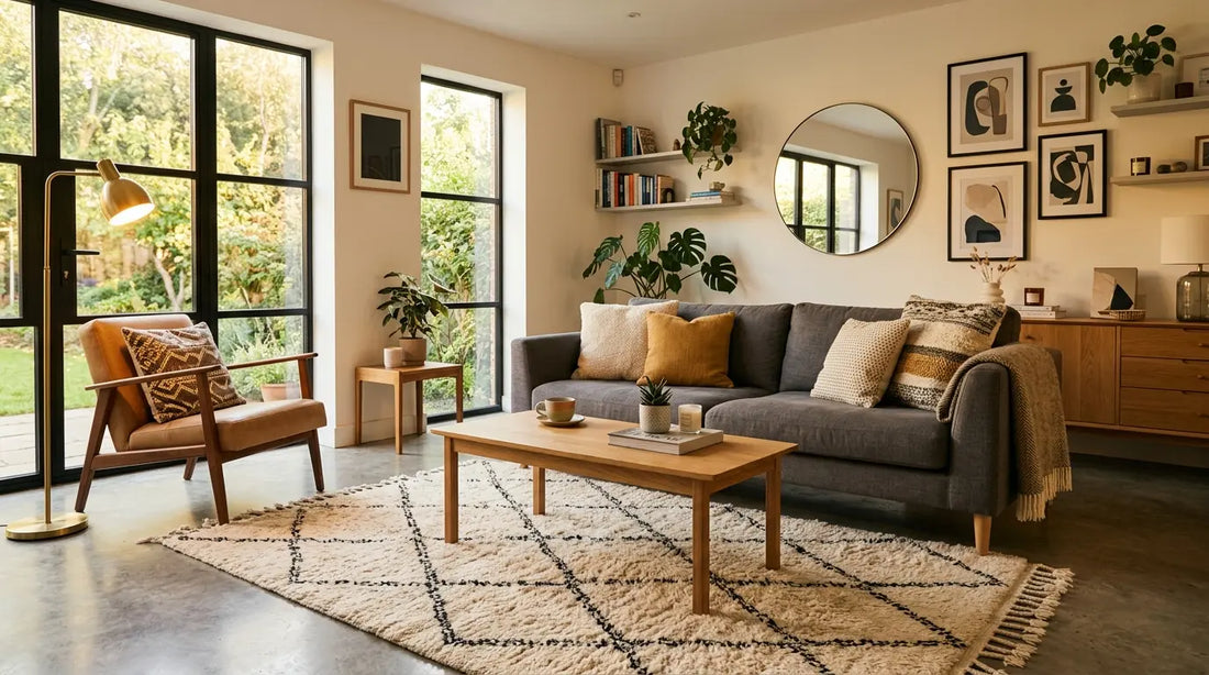 Salon moderne avec tapis berbère beni ouarain en laine naturelle apportant confort et style chaleureux