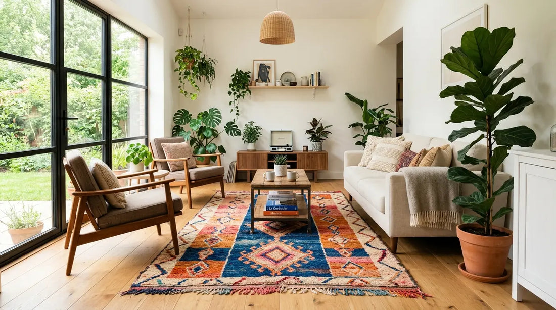 Salon lumineux avec tapis berbère coloré en laine naturelle apportant une décoration bohème chic et chaleureuse