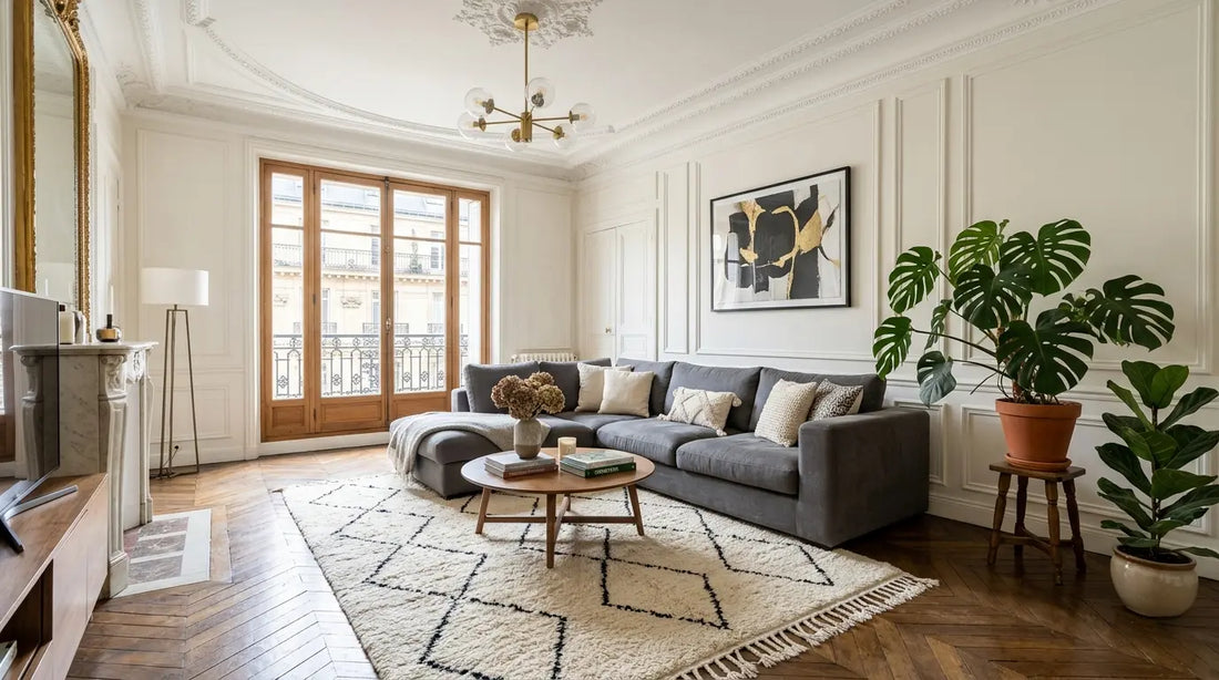 Salon haussmannien élégant avec tapis berbère beni ouarain en laine naturelle pour une ambiance chic et cosy