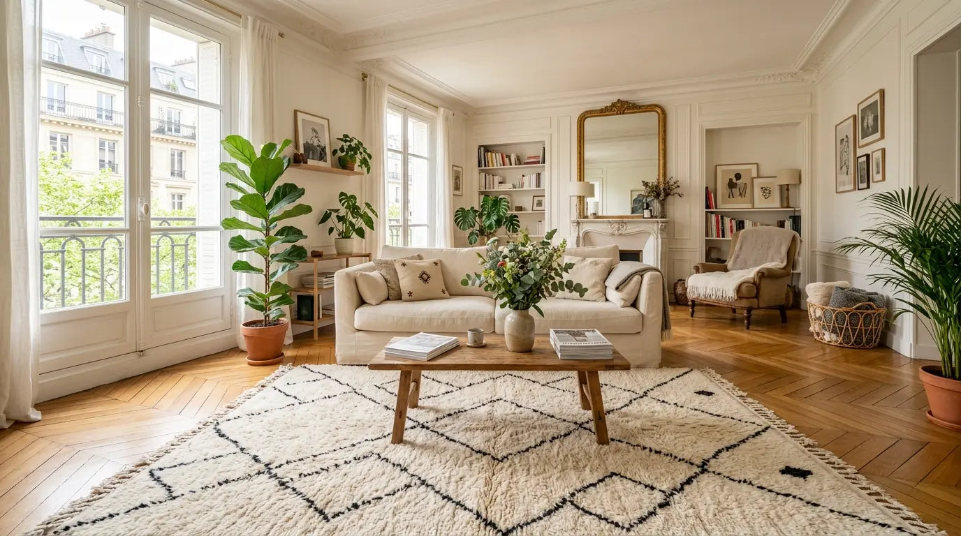 Salon lumineux style haussmannien avec tapis berbère beni ouarain en laine sur parquet en point de Hongrie
