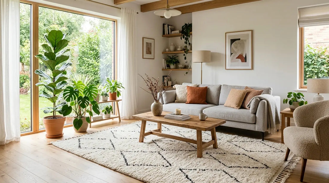 Salon lumineux avec tapis berbère en laine naturelle style scandinave apportant chaleur et décoration élégante