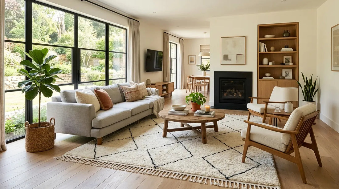 Salon moderne lumineux avec tapis berbère en laine naturelle apportant chaleur et style décoration intérieure