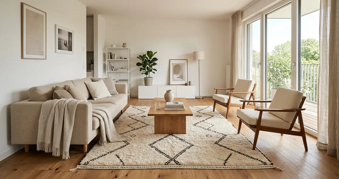 Tapis berbère en laine dans un salon scandinave lumineux, décoration intérieure chaleureuse et minimaliste