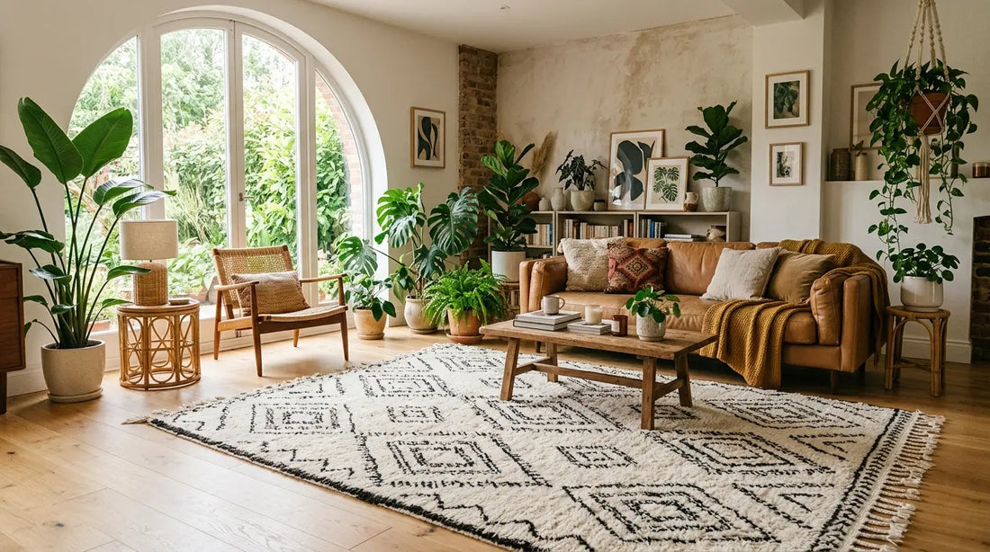 Tapis berbère dans salon moderne avec décoration naturelle et ambiance chaleureuse pour intérieur élégant
