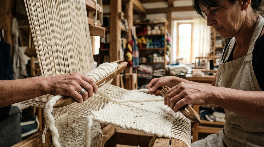 Artisan tissant de la laine naturelle sur un métier à tisser en bois, fabrication textile artisanale haut de gamme
