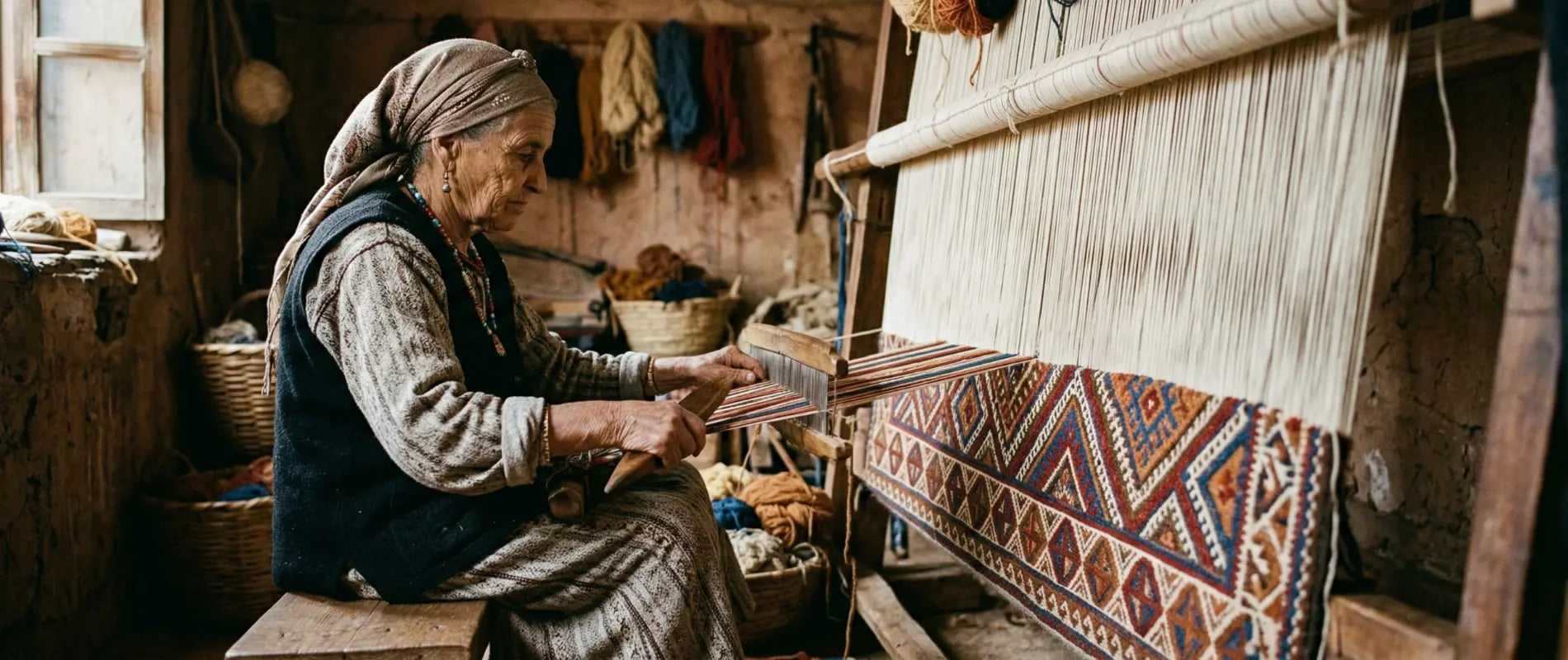Artisan berbère tissant un tapis traditionnel sur métier à tisser avec motifs géométriques, savoir-faire artisanal marocain authentique