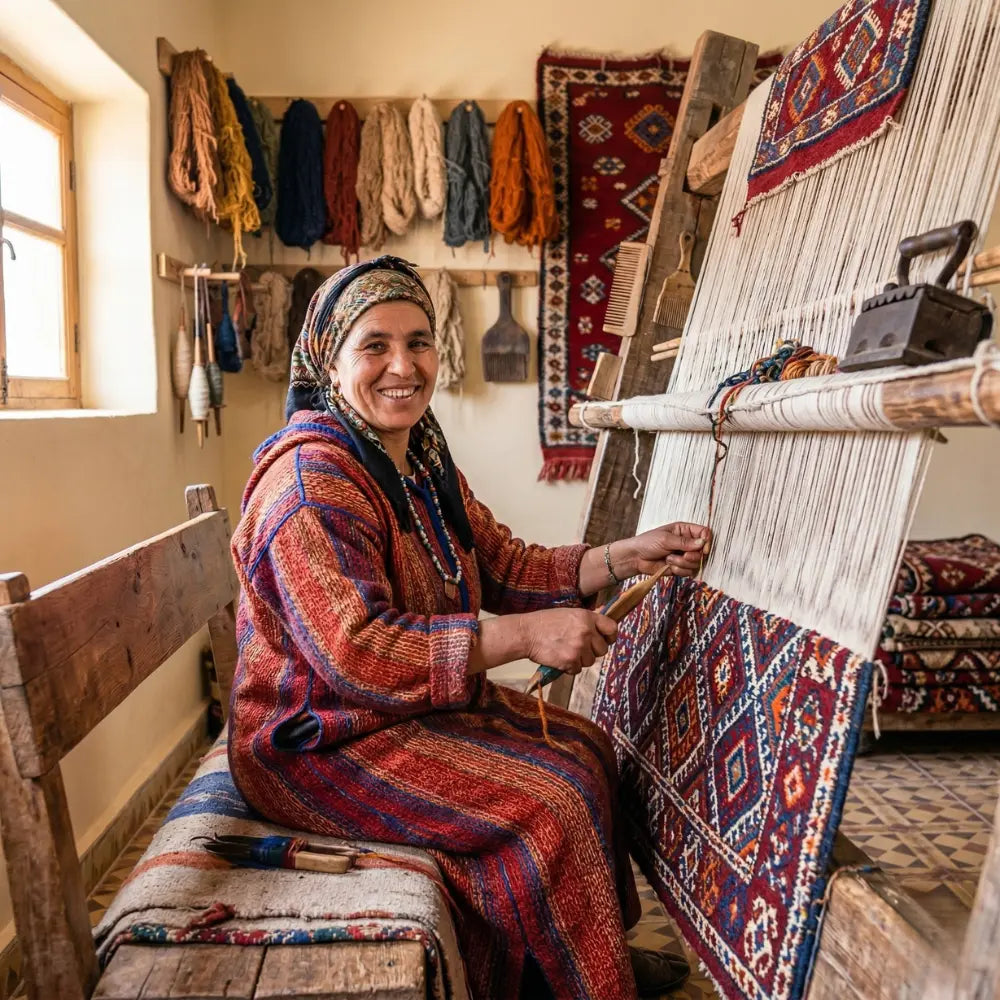 Artisane berbère tissant un tapis marocain traditionnel sur métier à tisser, fabrication artisanale et savoir-faire ancestral maison berbère