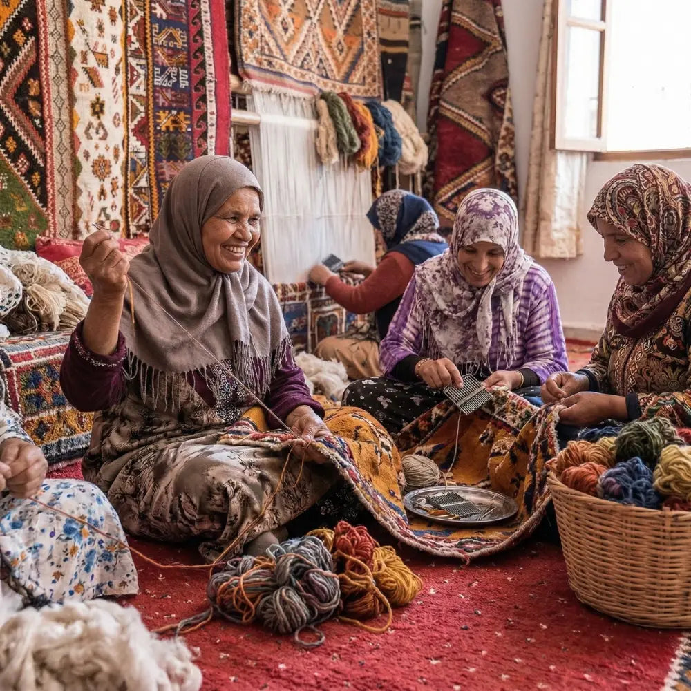 Artisanes berbères en train de tisser un tapis marocain traditionnel à la main, savoir-faire ancestral et fabrication artisanale authentique maison berbère