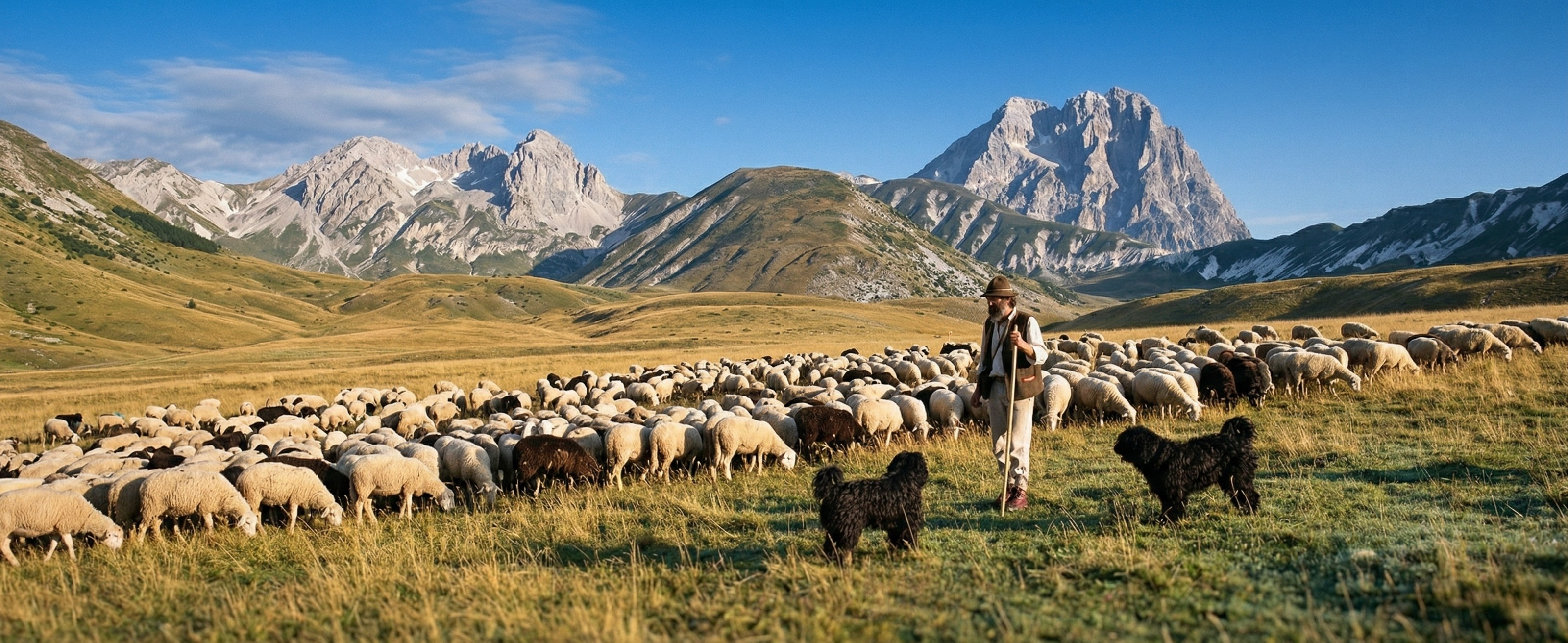 Berger guidant un troupeau de moutons dans les alpages de montagne avec chiens de berger, paysage naturel authentique et pastoral