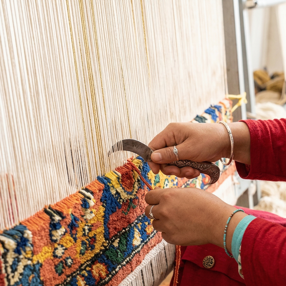 Détail du tissage d’un tapis berbère à la main sur métier à tisser, artisanat marocain traditionnel et fabrication authentique maison berbère