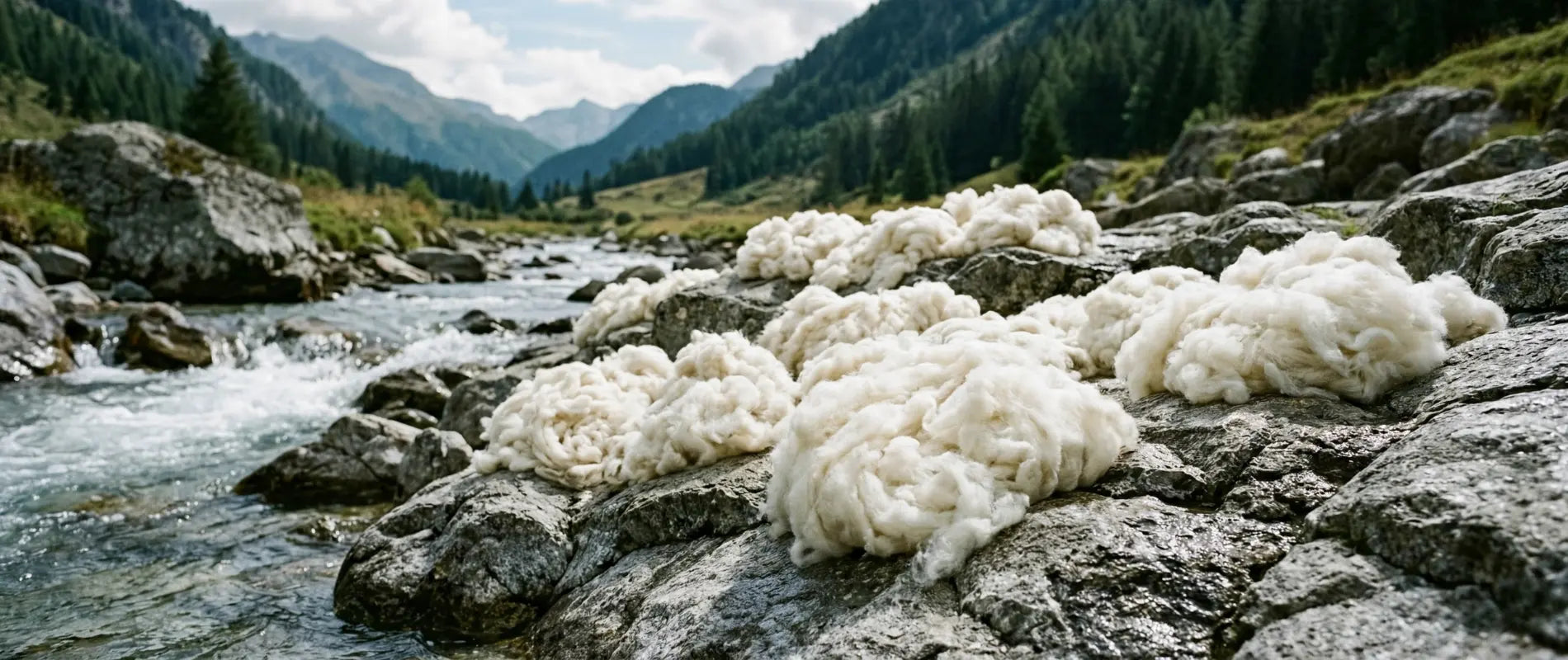 Laine de mouton naturelle lavée en rivière de montagne, matière première écologique pour tapis berbère artisanal