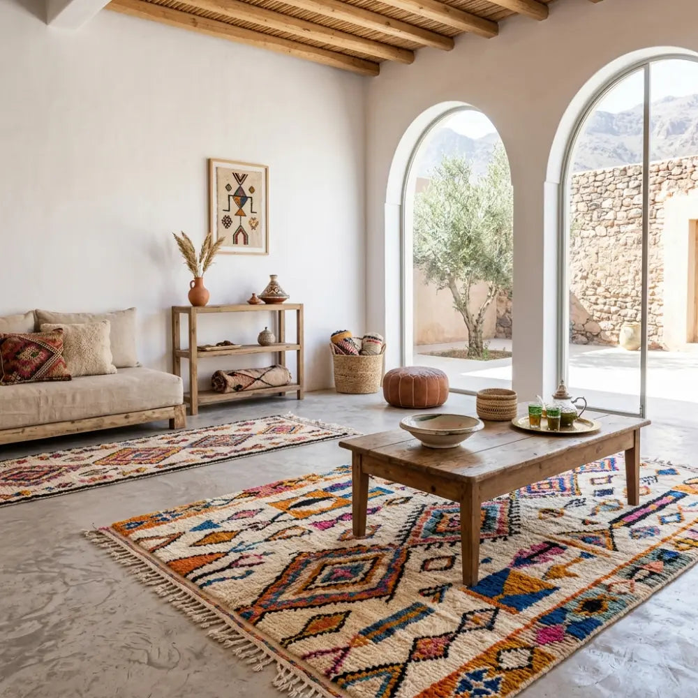 Tapis Azilal marocain coloré avec motifs berbères dans un salon lumineux style bohème chic, décoration artisanale haut de gamme maison berbère