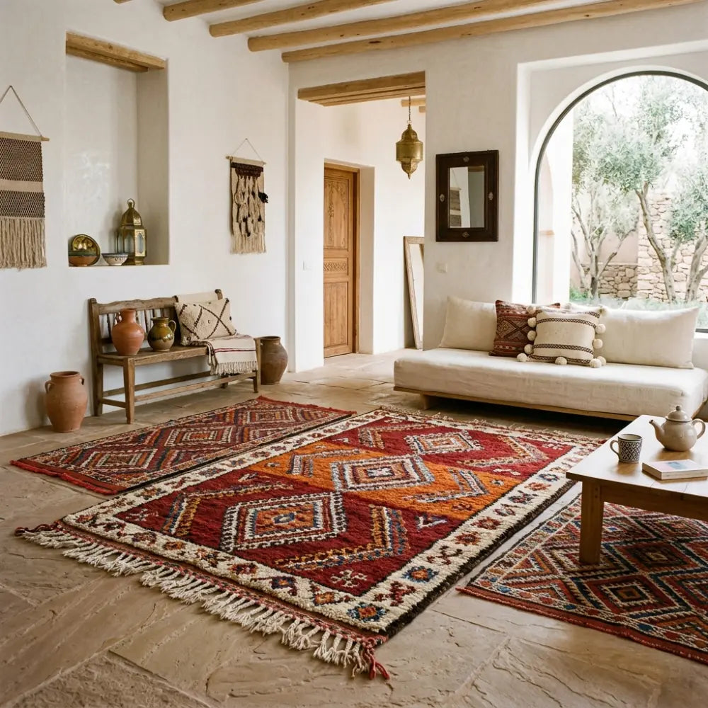 Tapis Beni Mguild rouge aux motifs géométriques berbères dans un intérieur marocain chaleureux, décoration ethnique authentique maison berbère