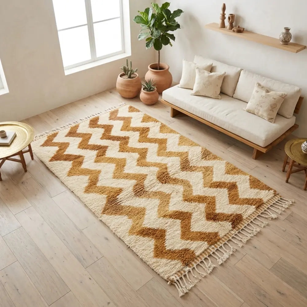 Tapis berbère beige et marron dans salon minimaliste bohème avec mobilier en bois et plantes