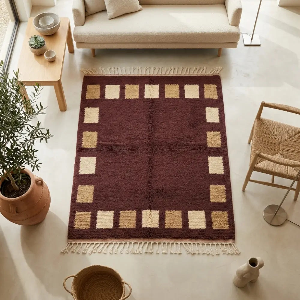 Tapis berbère bordeaux avec motifs carrés beige vue du dessus style graphique chic et artisanal