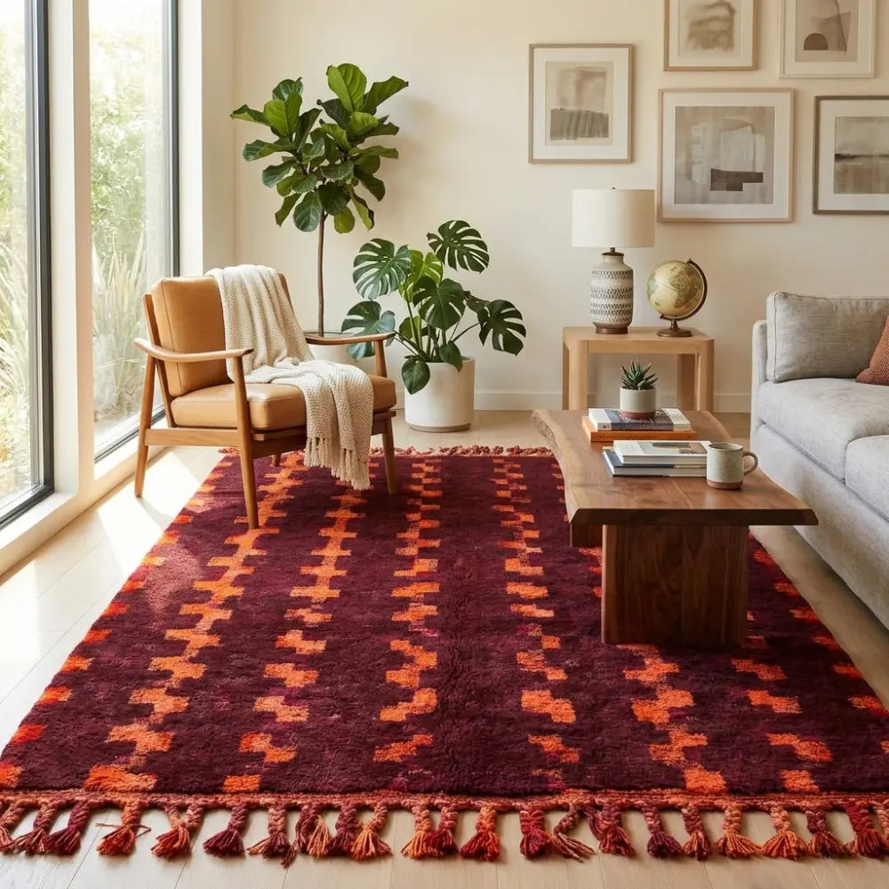tapis berbère bordeaux avec motifs géométriques orange dans un salon naturel et chaleureux avec plantes et bois