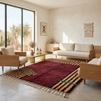 Tapis berbère bordeaux avec bordures rayures noires et beige dans salon design chaleureux et moderne