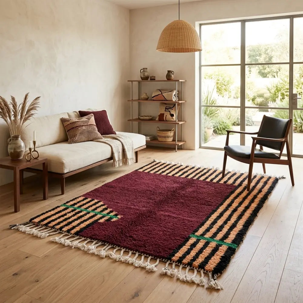 Tapis berbère bordeaux avec rayures graphiques dans salon bohème chic ambiance naturelle et élégante