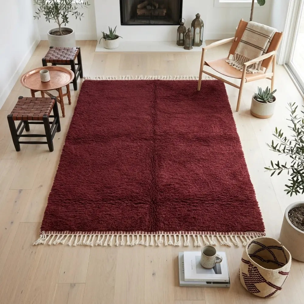 Tapis berbère bordeaux uni dans salon chaleureux ambiance cosy décoration bohème élégante