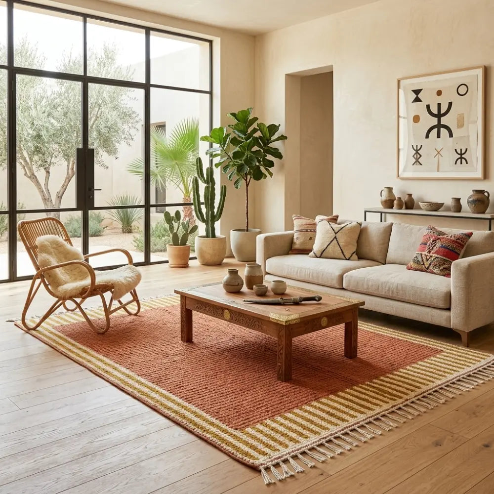 Tapis berbère ocre avec bordure rayée beige et moutarde dans un salon lumineux, style bohème chic et naturel