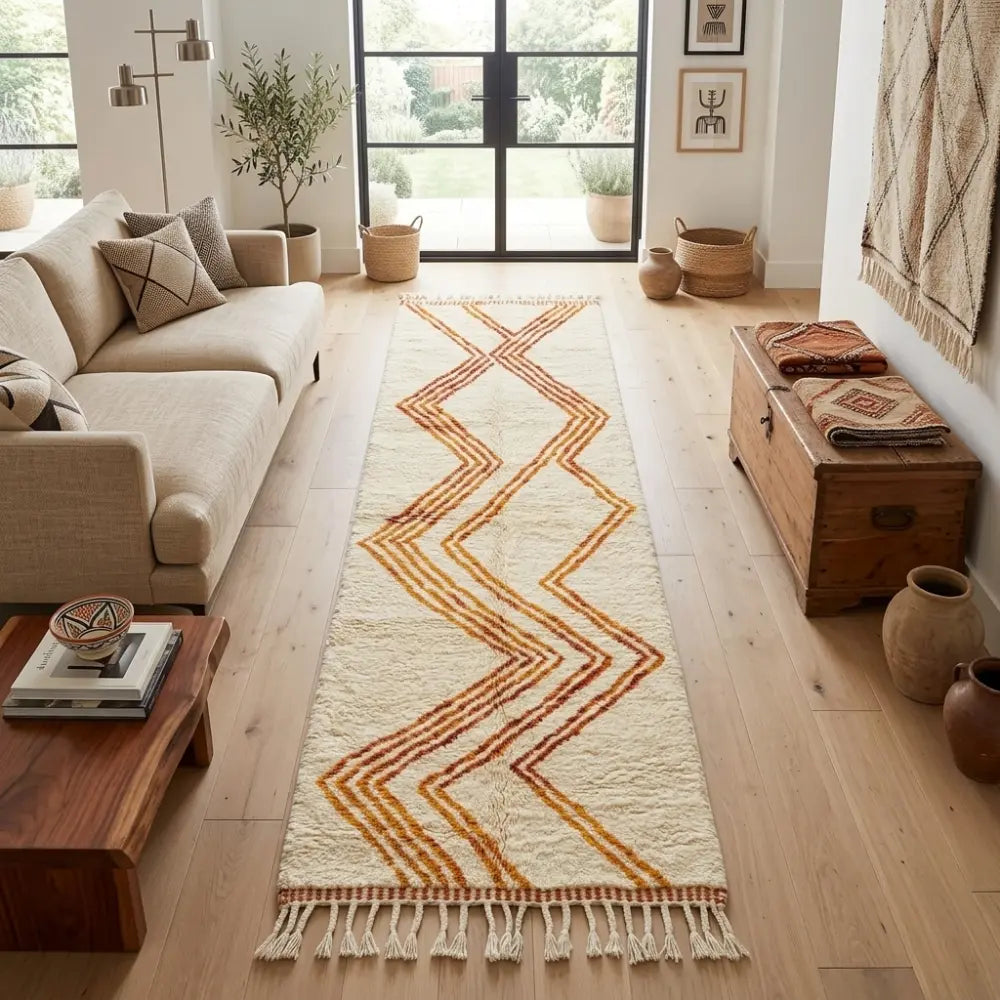Tapis berbère couloir crème avec motifs orange dans salon bohème naturel décoration chaleureuse