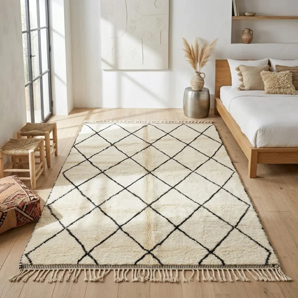 Tapis berbère crème à motifs noirs dans chambre naturelle ambiance zen décoration minimaliste