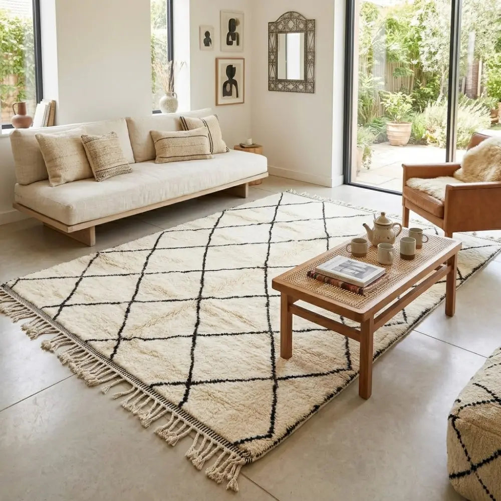 Tapis berbère crème avec lignes noires géométriques dans salon moderne lumineux style bohème chic