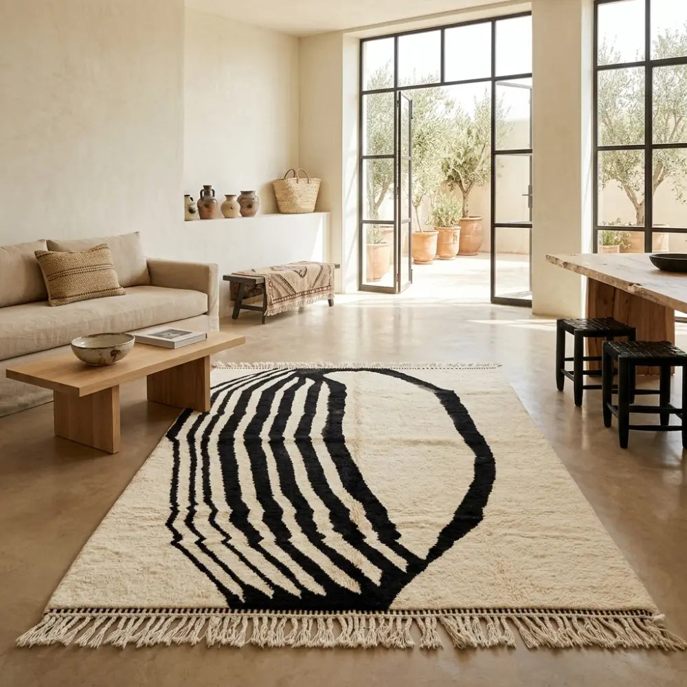 Tapis berbère crème avec motif abstrait noir dans salon moderne lumineux décoration minimaliste chic