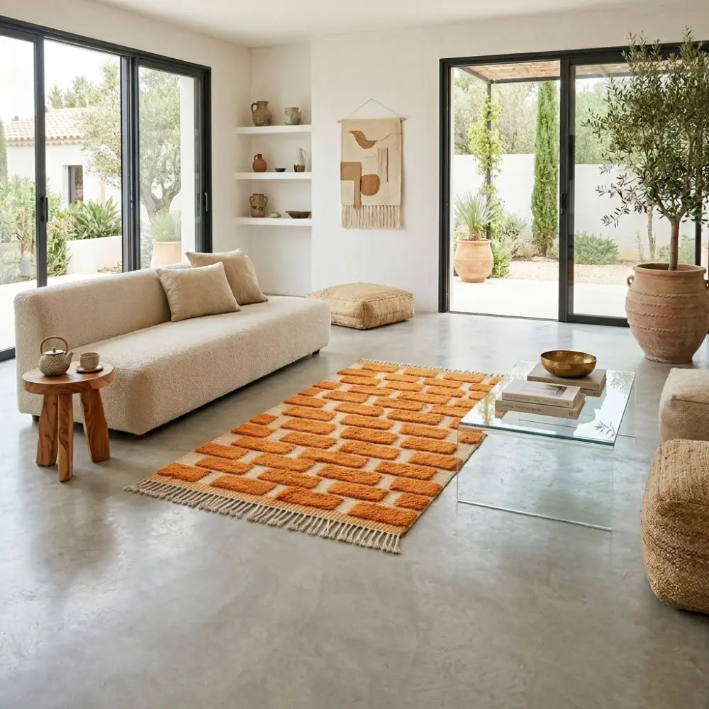 Tapis berbère crème à motifs rectangles orange dans salon moderne lumineux décoration naturelle chic