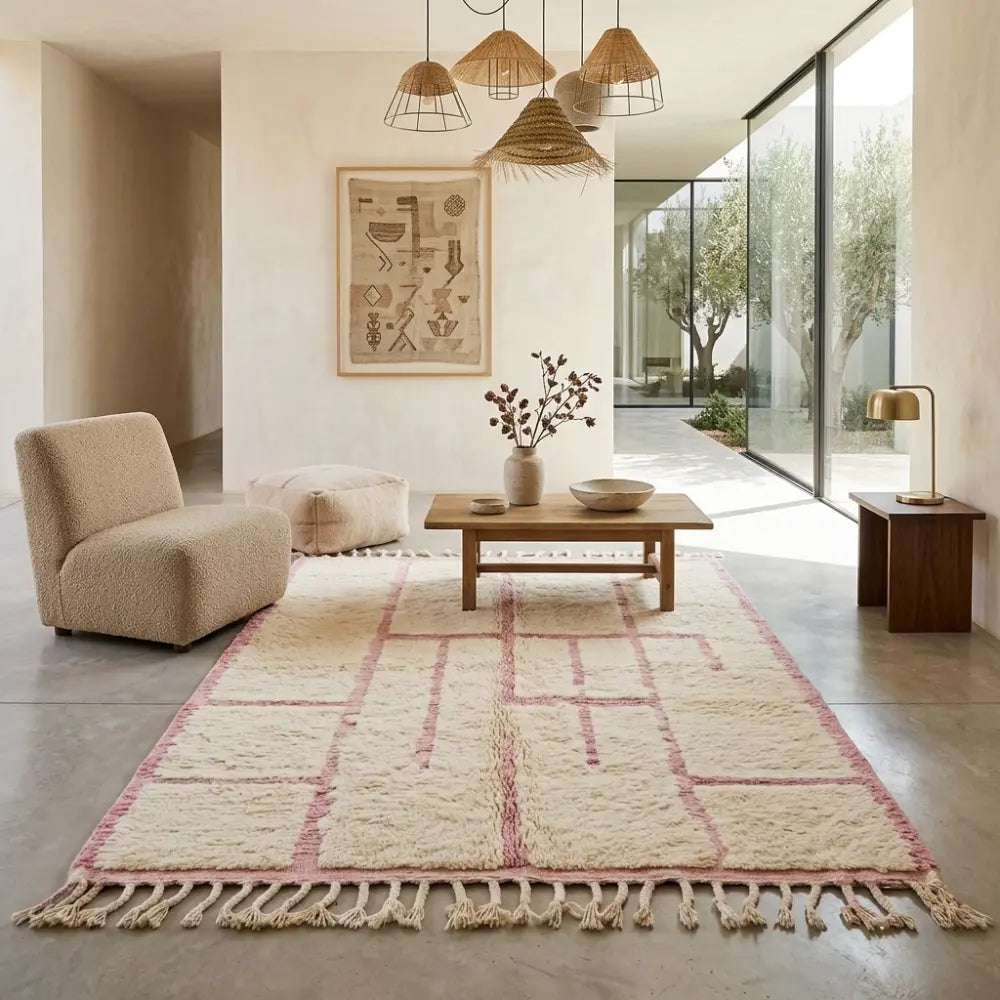 Tapis berbère crème à motifs roses dans salon moderne élégant ambiance chaleureuse et minimaliste