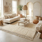 Tapis berbère crème uni dans salon bohème chic lumineux décoration naturelle élégante et chaleureuse