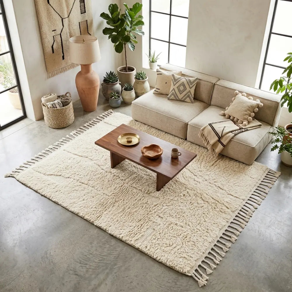 Tapis berbère crème uni dans salon moderne ambiance naturelle minimaliste avec mobilier en bois