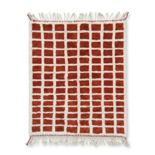 Tapis berbère damier rouge brique et blanc en laine naturelle fait main