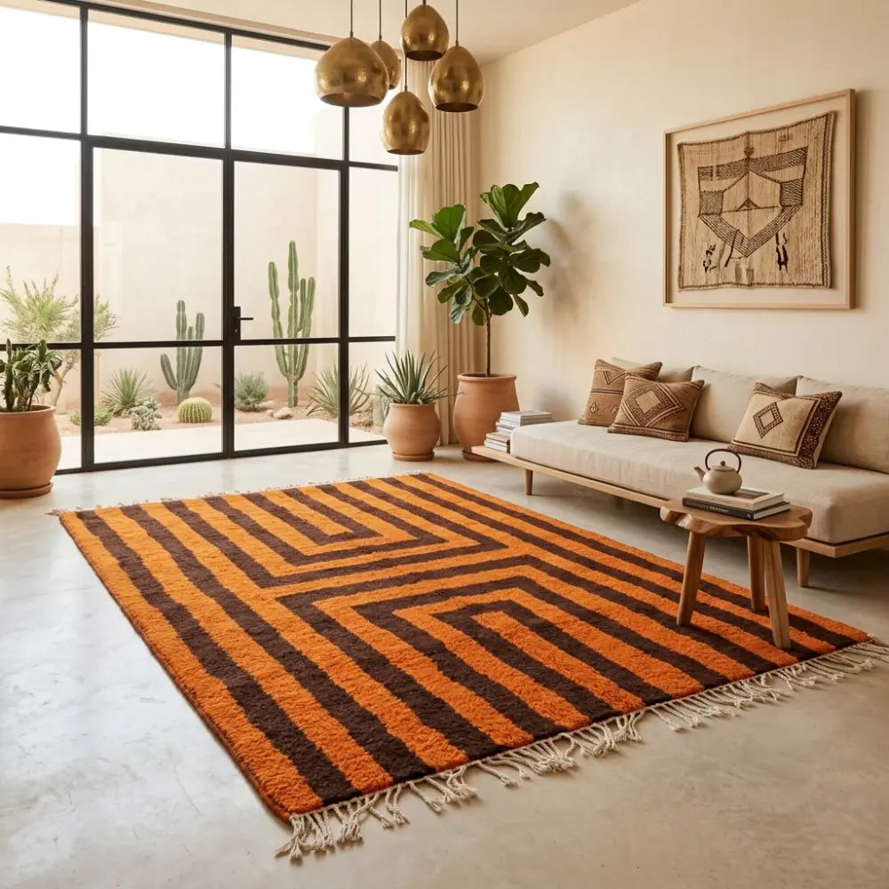 Tapis berbère design géométrique orange et marron dans un intérieur moderne, décoration élégante et tendance