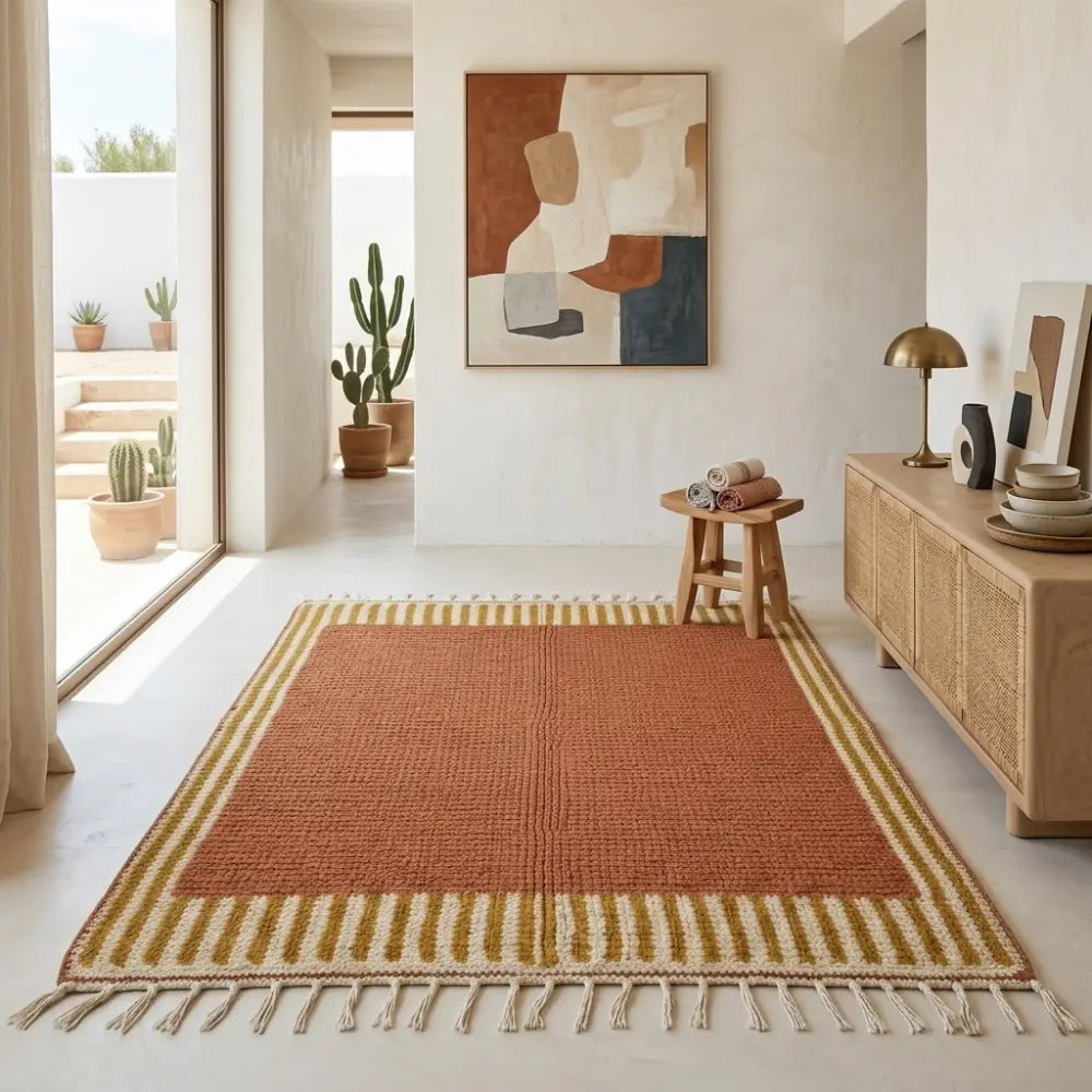 Tapis berbère ocre design minimaliste avec bordure graphique, parfait pour décoration moderne et chaleureuse