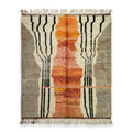 Tapis berbère Azilal artisanal en laine beige orange et noir aux motifs géométriques abstraits