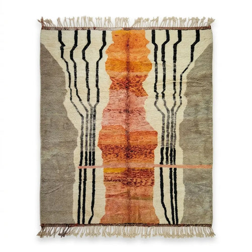 Tapis berbère Azilal artisanal en laine beige orange et noir aux motifs géométriques abstraits