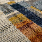 Gros plan sur motifs géométriques et texture artisanale d’un tapis berbère en laine
