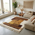 Tapis berbère ocre à motifs géométriques dans un salon minimaliste aux tons naturels et chaleureux