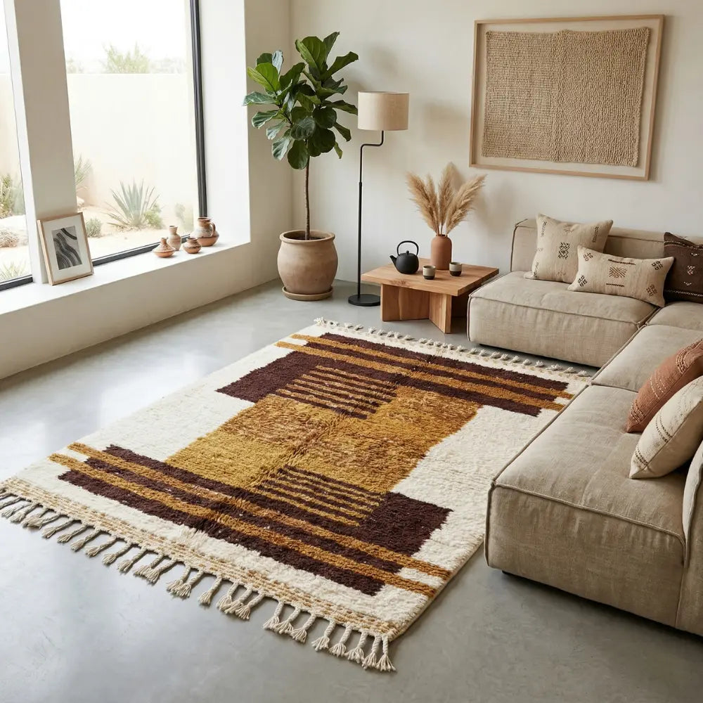 Tapis berbère ocre à motifs géométriques dans un salon minimaliste aux tons naturels et chaleureux