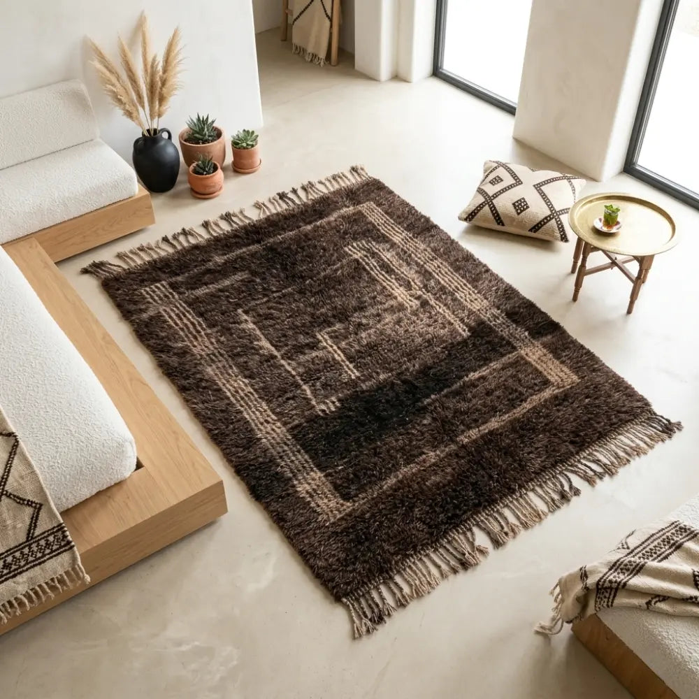 Tapis berbère marron foncé à motifs dans un intérieur design, style contemporain et décoration élégante