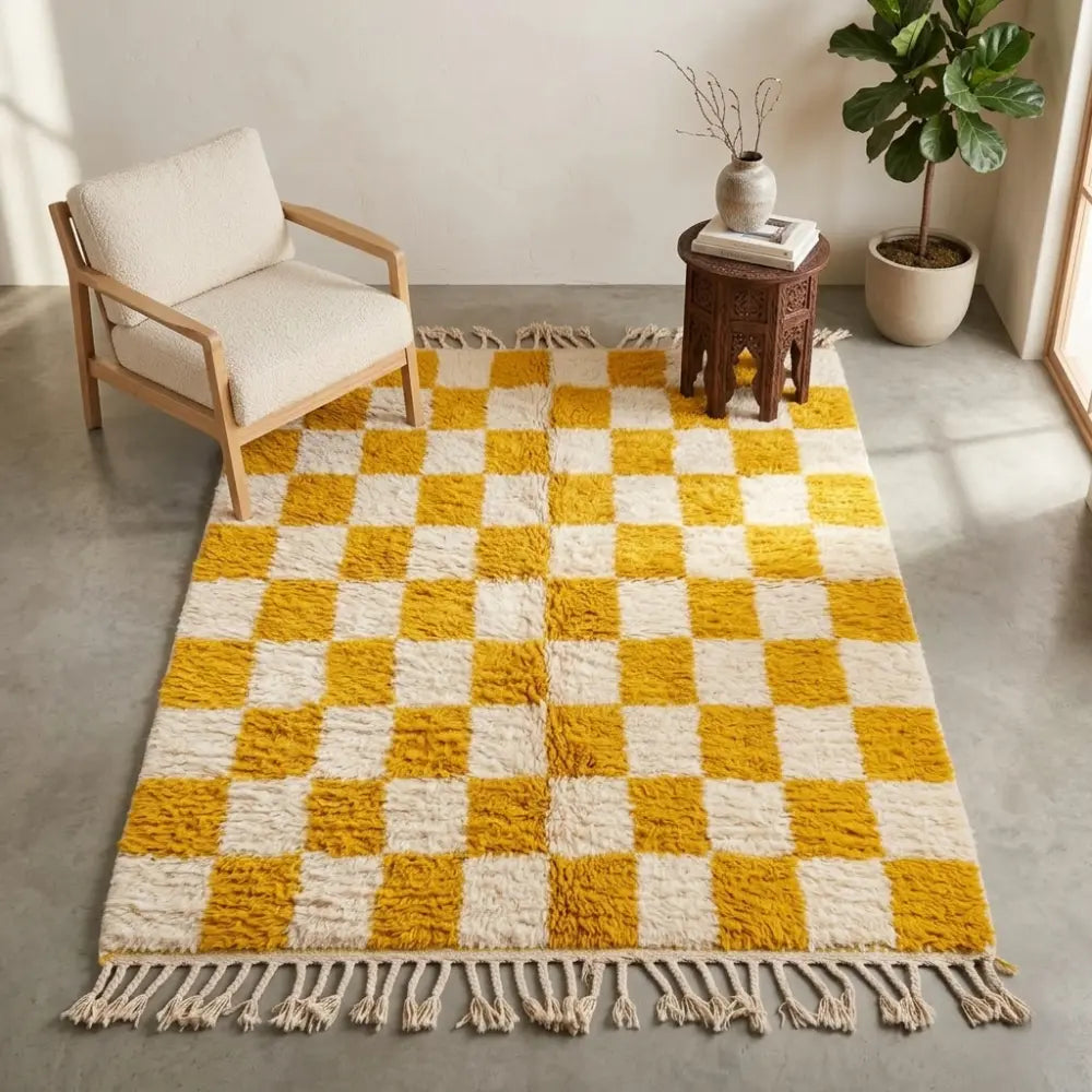 Tapis berbère jaune et crème à carreaux dans salon minimaliste lumineux décoration naturelle moderne