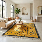Tapis berbère jaune motifs géométriques noirs dans salon lumineux décoration bohème chic ambiance naturelle