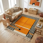Tapis berbère jaune avec motifs noirs et blancs dans salon bohème chaleureux décoration naturelle élégante