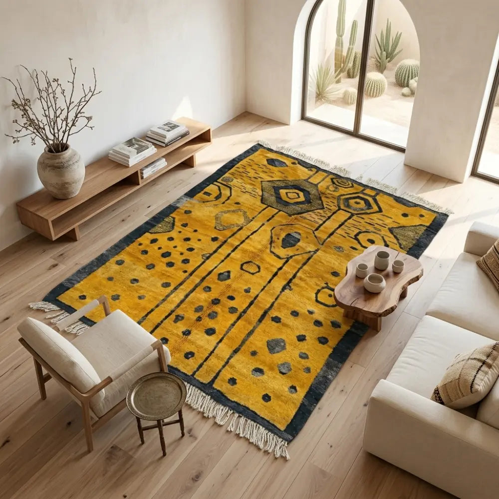 Tapis berbère jaune avec motifs graphiques noirs dans salon moderne bois naturel décoration chaleureuse