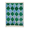Tapis berbère Azilal aux motifs losanges géométriques bleu et vert laine naturelle fait main