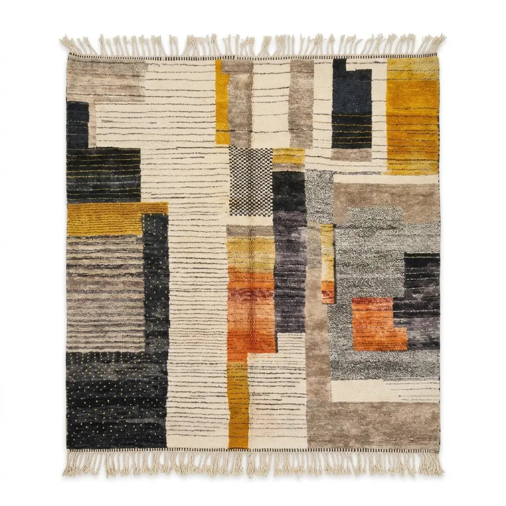 Tapis berbère Azilal coloré en laine naturelle fait main avec motifs géométriques abstraits ocre noir et beige, tissage artisanal marocain.